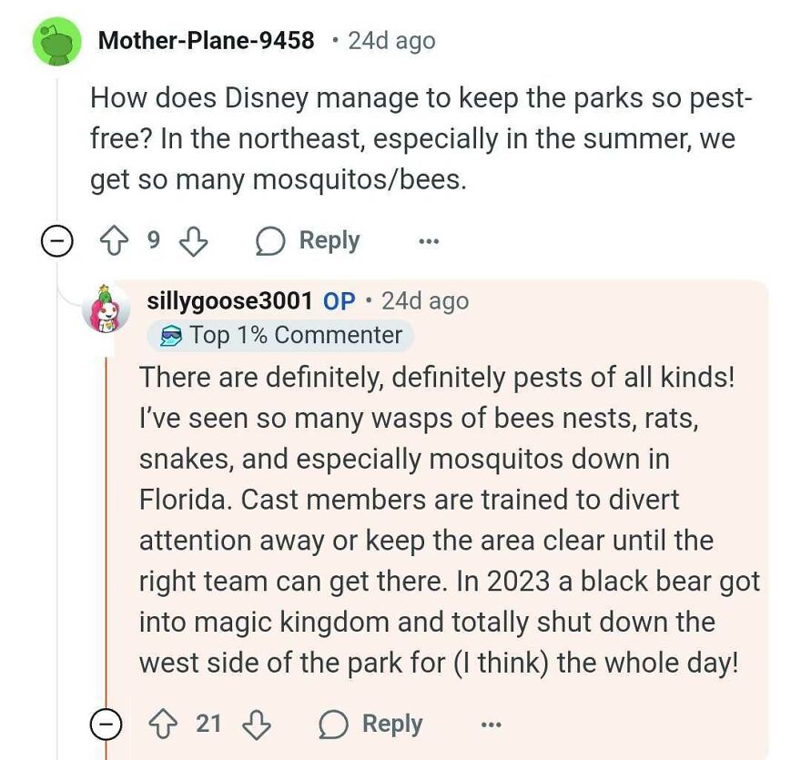 Reddit discussion about Disney parks secrets, focusing on pest control methods and wildlife management.