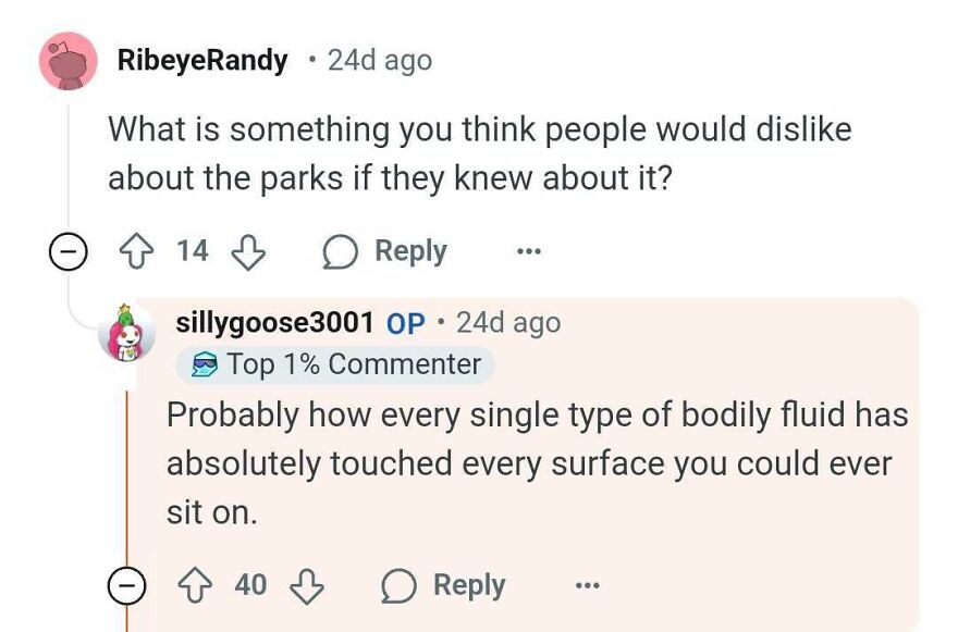 Reddit thread discussing a Disney park secret about park cleanliness concerns.