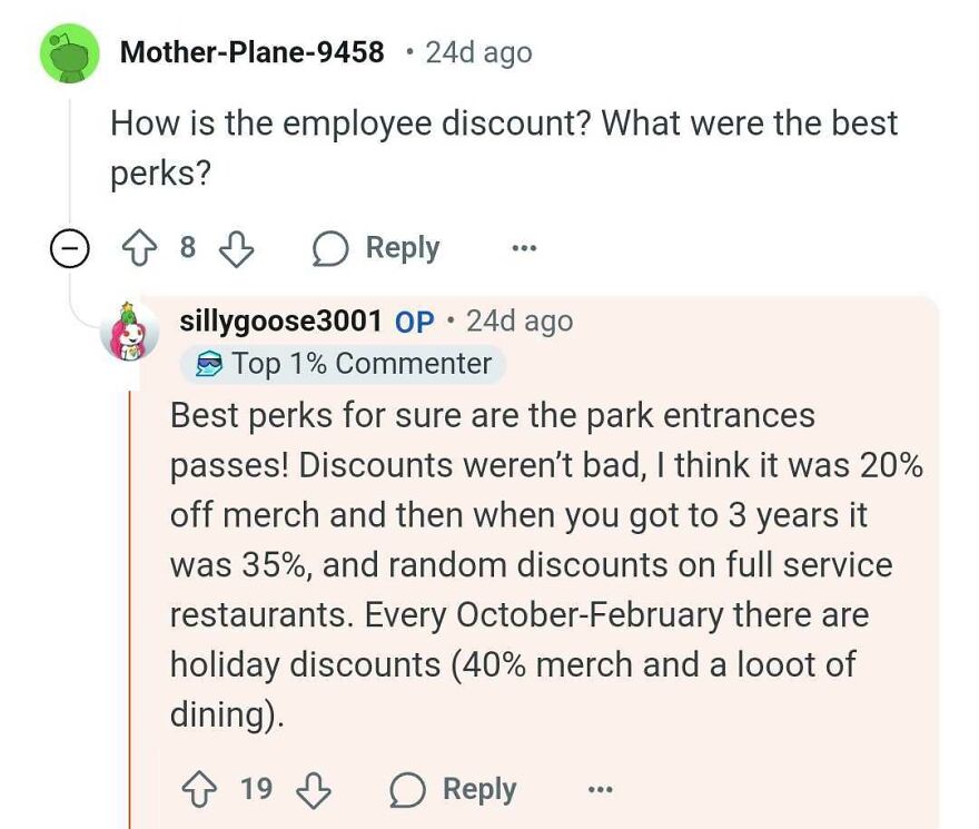 Discussion on Disney Parks employee perks, focusing on discounts and park entrance passes.