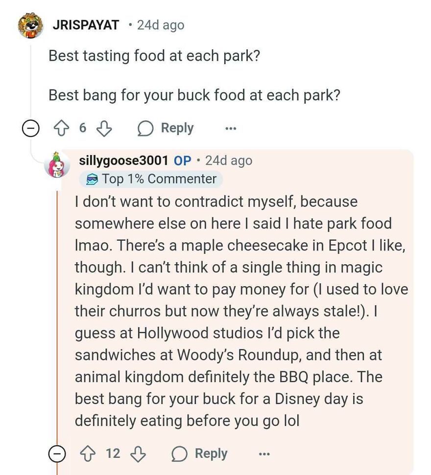 Comment thread discussing Disney park food options and values.