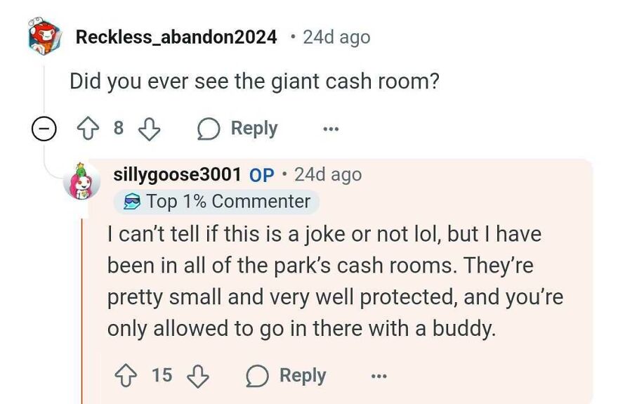 Reddit thread discussing Disney Parks secrets about cash room access and size.