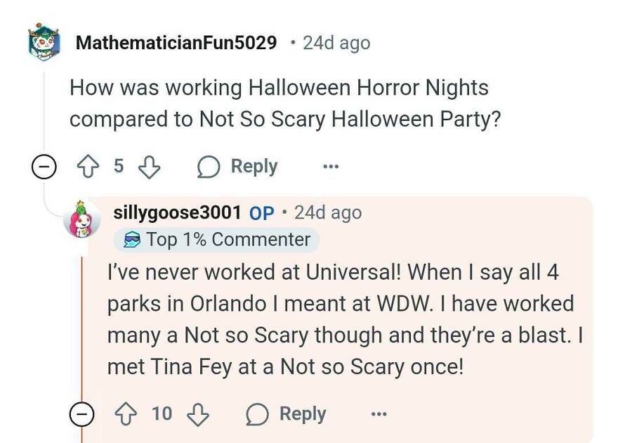 Reddit user discusses a Disney park secret about working at Not So Scary Halloween Party and experiences.