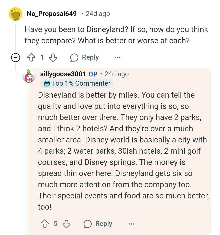 Discussion on Disney parks secrets; comparing Disneyland's quality to Disney World's size and amenities.