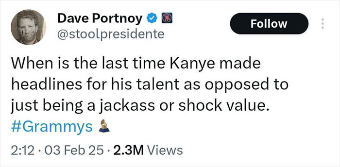 Dave Portnoy's tweet critiquing Kanye West related to Grammys dress controversy. Dave Portnoy's tweet critiquing Kanye West related to Grammys dress controversy.