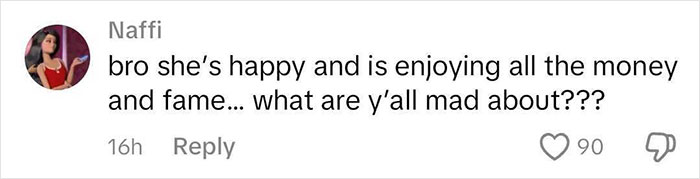 Social media comment discussing Bianca Censori's happiness and success at an afterparty.