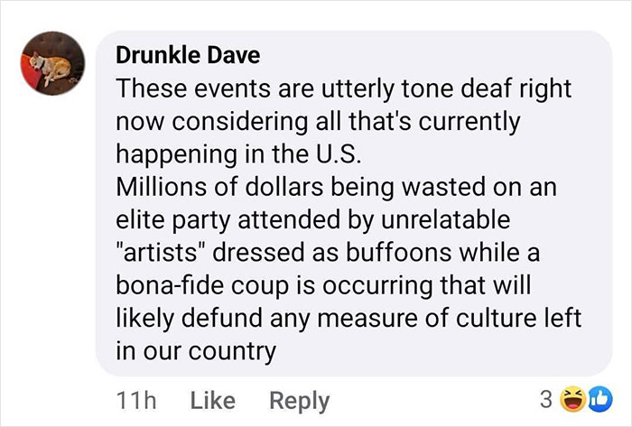Comment criticizing tone-deaf nature of elite events during U.S. crises, referencing Met Gala dress code controversy. Comment criticizing tone-deaf nature of elite events during U.S. crises, referencing Met Gala dress code controversy.