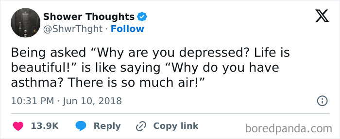 Text meme highlighting irony with "God Bless Internet" humor style, comparing depression to asthma.