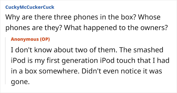 Discussion about a creepy box found in girlfriend's wardrobe, questioning the origin of phones inside it.