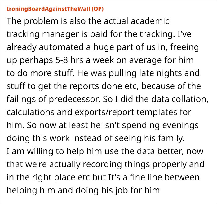 Text screenshot about a woman automating her job to reduce workload.