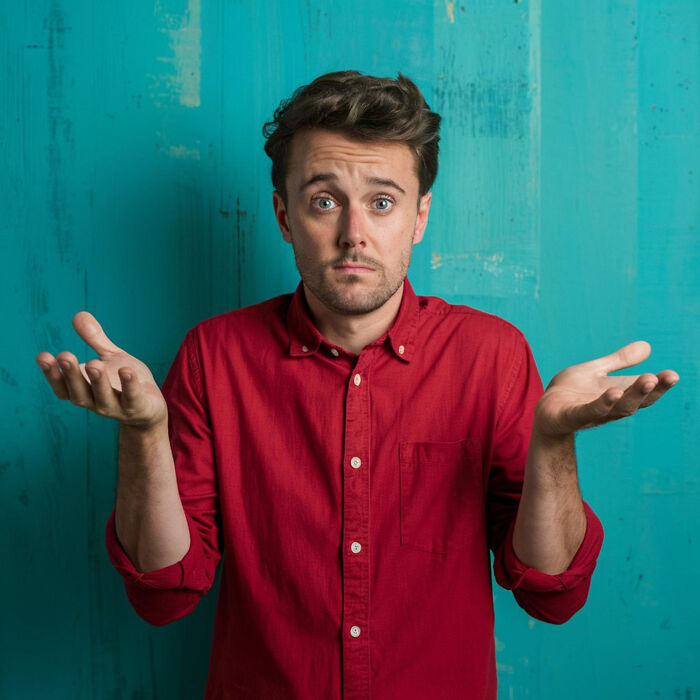 Man in a red shirt with a confused expression, embodying dumb things people say, against a blue background.