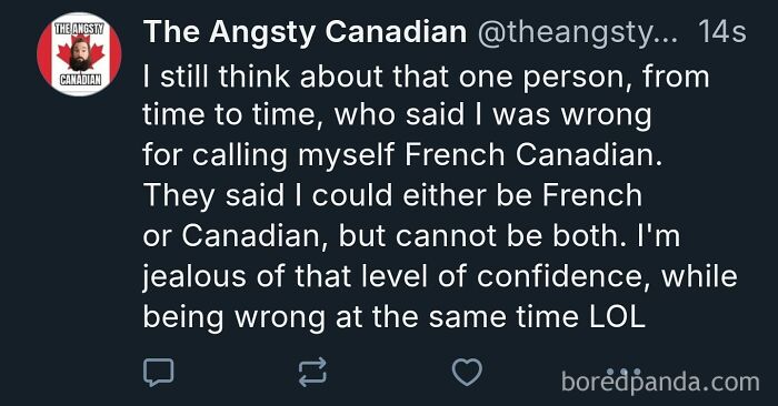 Tweet by The Angsty Canadian about being incorrectly corrected on being French Canadian.