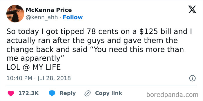 Tweet text mocking a frustratingly small server tip of 78 cents on a $125 bill.