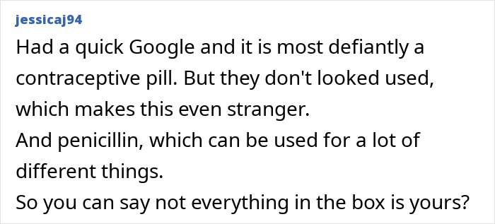 Text exchange discussing unusual items found in a box, including contraceptive pills and penicillin.