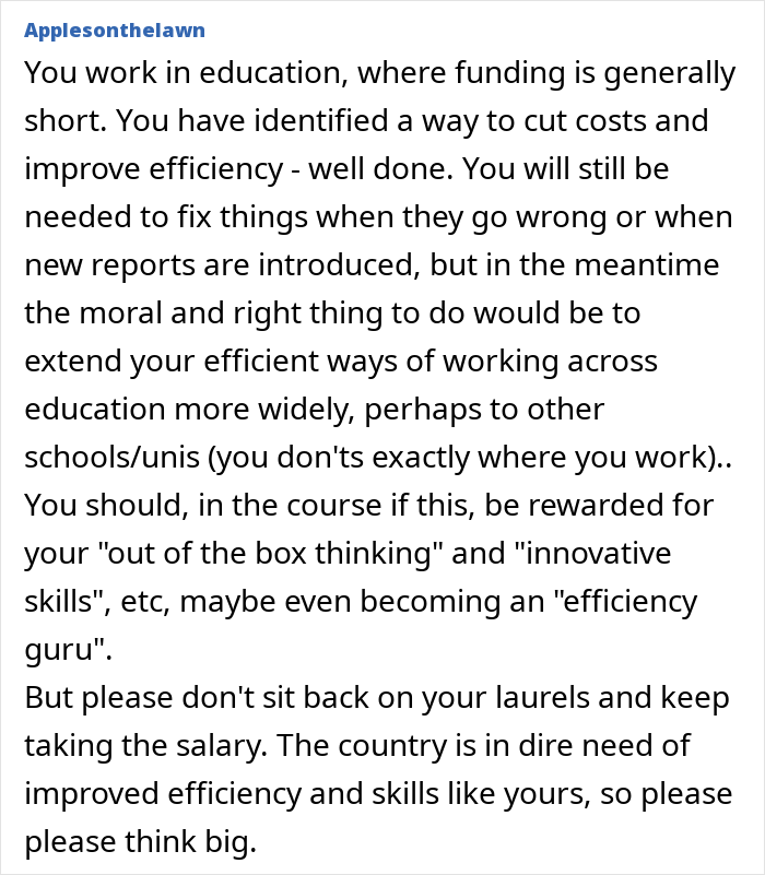 Text reading about automating a job for improved efficiency in education.