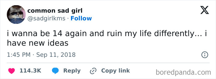 Tweet from common sad girl expressing wish to be 14 again and ruin life differently, featured in dopamine-boosting random memes.
