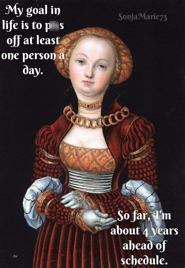 Classical painting of a woman in ornate dress with humorous text about daily goals, creating a relatable meme.
