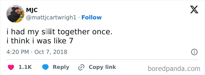 Tweet meme about having life together at age 7 with humorous tone, shared on social media.