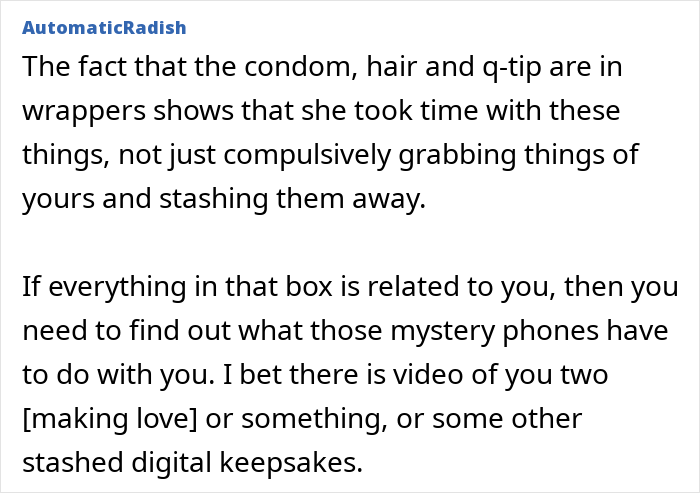 Text conversation discussing a creepy box found in girlfriend's wardrobe and its implications on the relationship.