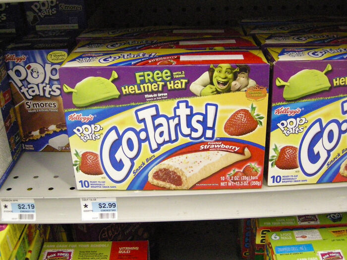 Go-Tarts on store shelf, a vanished food item from the 90s and 2000s with Shrek-themed packaging.