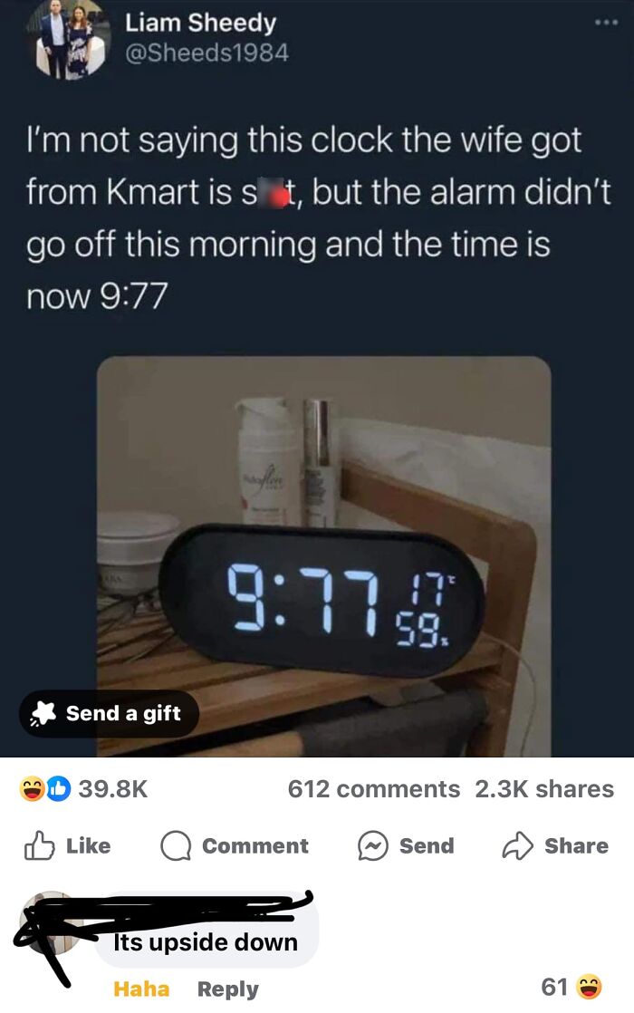 Digital clock displaying "9:77" with social media comment pointing out it's upside down; humor in incorrect correction.