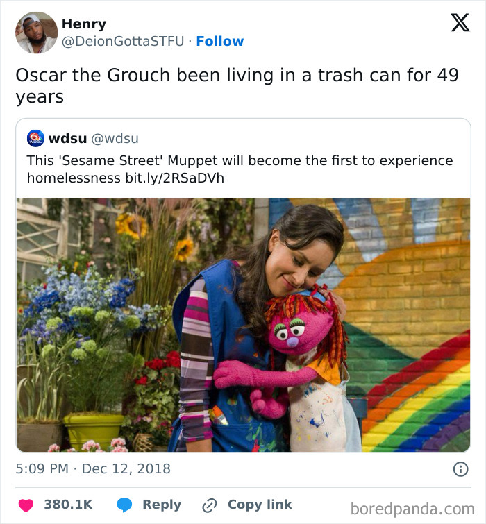 Meme about peak internet humor featuring a Sesame Street character and a tweet about Oscar the Grouch.