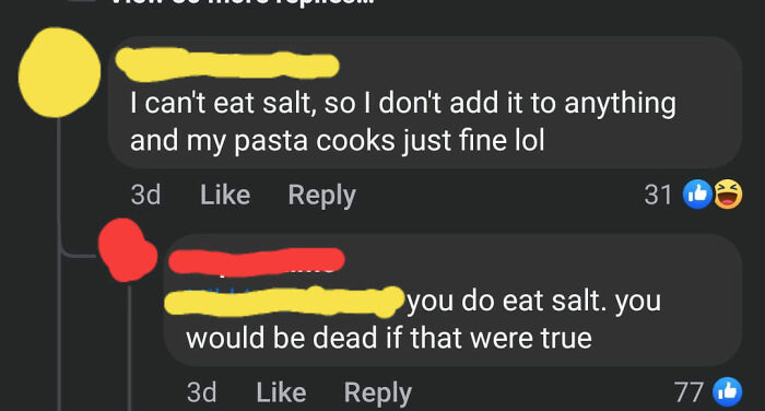 Social media exchange where someone incorrectly corrects on salt intake.