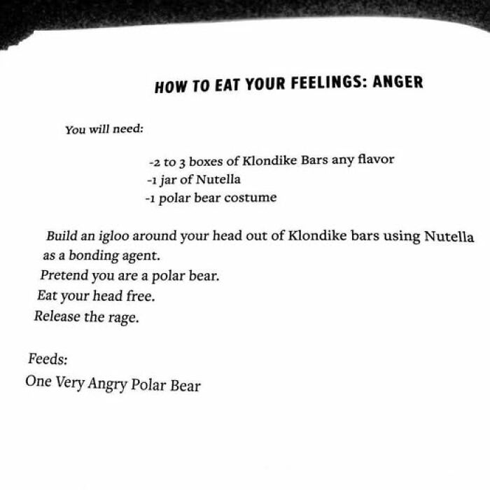 Guide for eating feelings using humorous mental health meme involving Klondike bars and a polar bear costume.