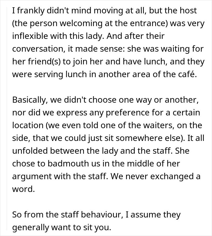 Text describing a restaurant encounter involving an upset customer, staff, and another family.