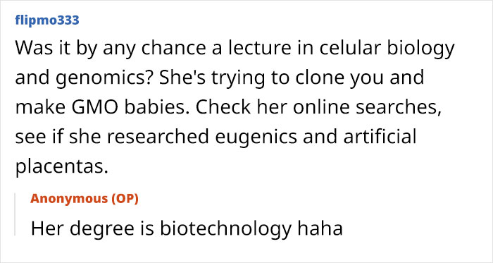 Text exchange about creepy box and relationship, mentioning cellular biology and biotechnology degree.