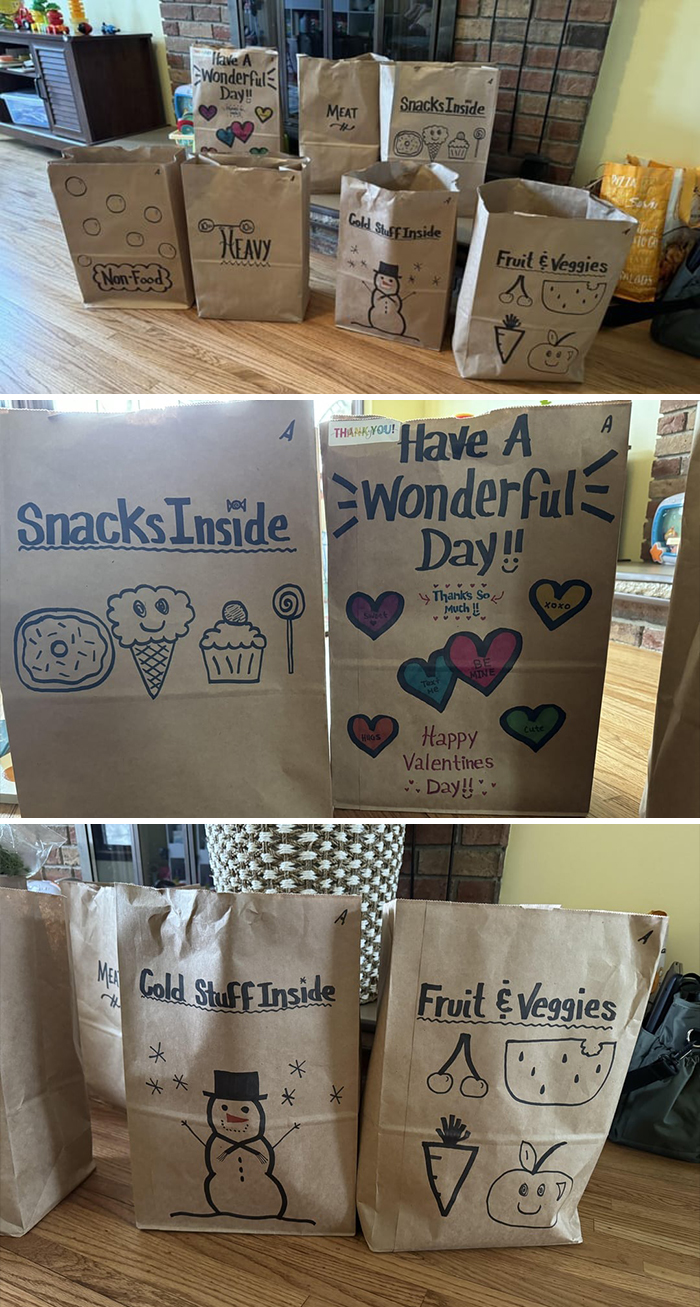 Instacart shoppers' bags with creative, hand-drawn designs and messages, including "Have a Wonderful Day!"