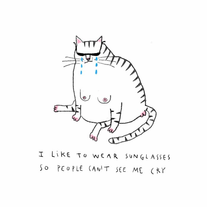 Cat illustration wearing sunglasses with tears; humorous animal-themed art by tattoo artist.
