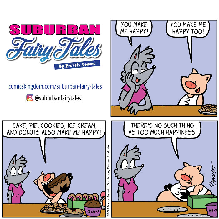 Comic strips illustrating relationship disasters from a pig's perspective featuring humorous interactions and desserts.