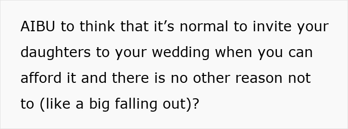Text questioning normalcy of inviting daughters to weddings when affordable, with no major conflicts.