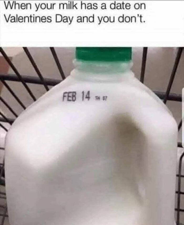 Milk jug with Valentine's Day expiration, highlighting dad humor.