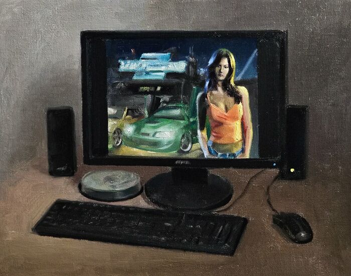 Oil painting depicting Eastern Europe's collective nostalgia with a computer screen showing a woman and a car.
