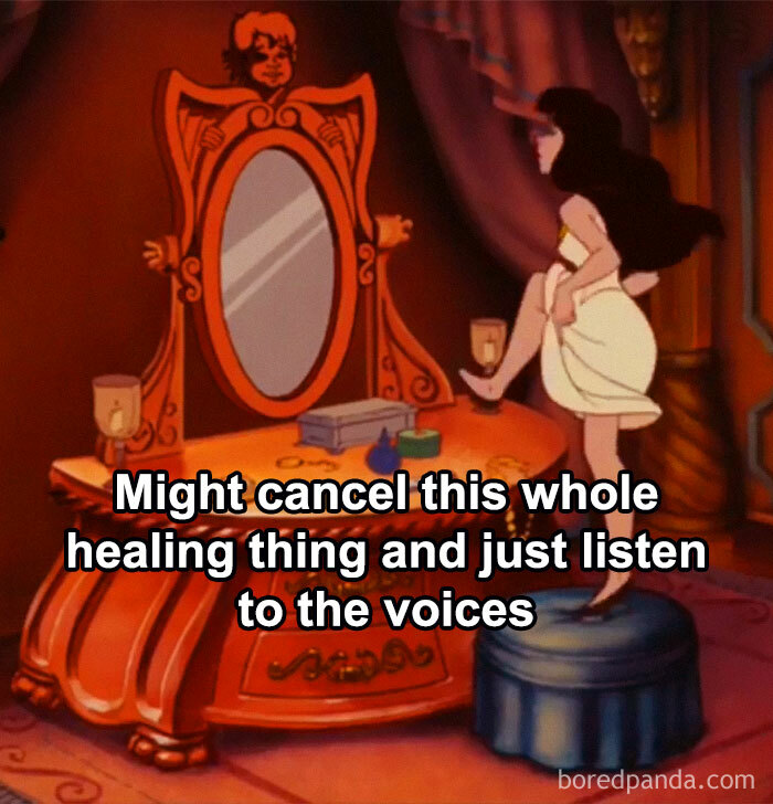 Cartoon woman by a vanity with the text: "Might cancel this whole healing thing and just listen to the voices." Mental health meme.