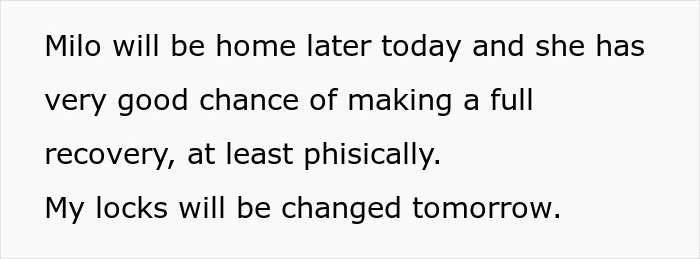 Text message about a dog named Milo returning home and recovering, with plans to change locks, related to a woman&rsquo;s trip.
