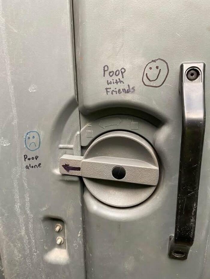 Weird image of a restroom lock with doodles and captions "P**p with Friends" and "P**p alone" with smiley faces.