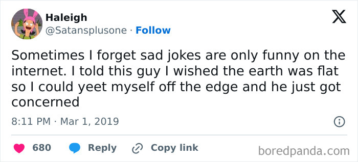 Tweet by Haleigh sharing a random meme that helps the brain pump out some dopamine with a humorous sad joke.