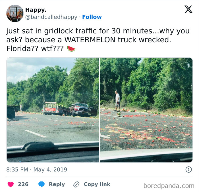 Florida traffic delay due to watermelon truck spill, with debris scattered on road and cars stopped around the scene.