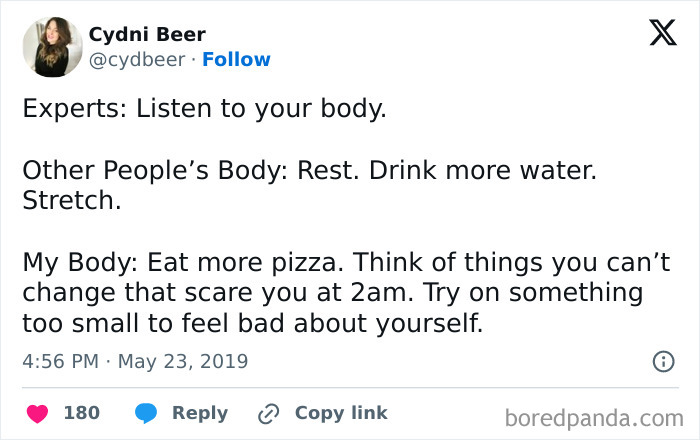 Meme about listening to your body, highlighting humorous and chaotic internal advice in dating context.