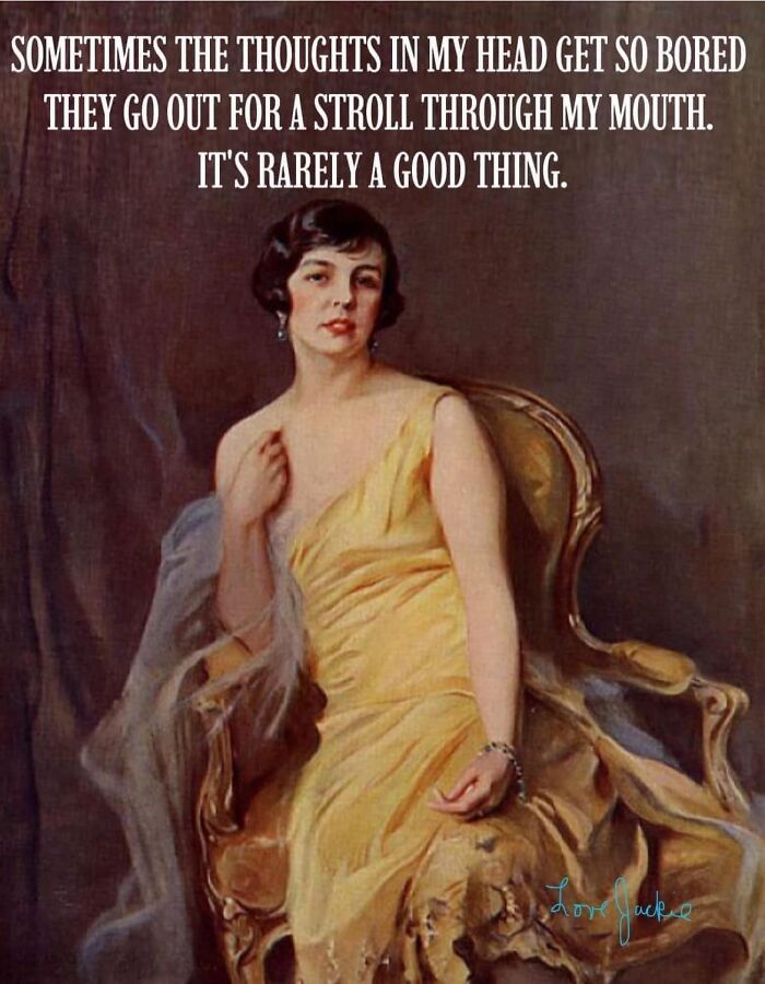 Classical painting of a woman in a yellow dress with a humorous caption about thoughts escaping through her mouth.