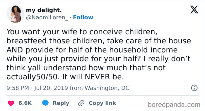 Social media post highlighting the imbalance in household responsibilities and advocating for social justice in partnerships.