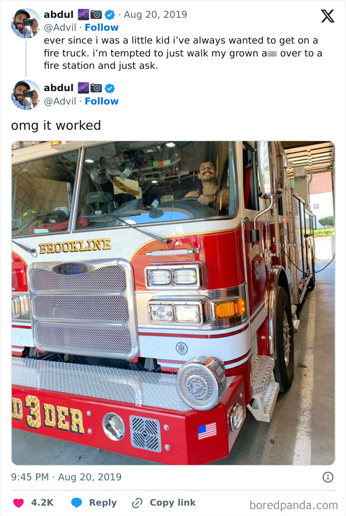 Relatable meme of a person fulfilling a childhood dream by sitting in a fire truck at a station.