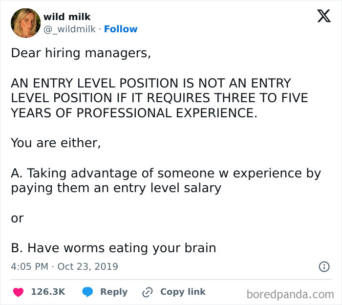 Tweet criticizing unrealistic entry-level job experience requirements, highlighting flaws in recruiting practices.