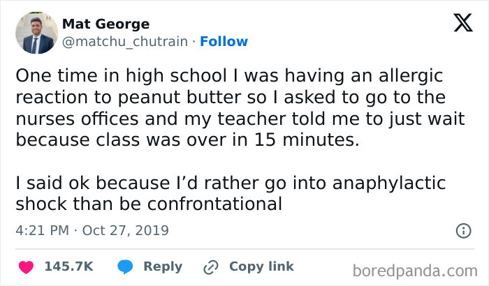 A tweet recounting an experience with an infuriating teacher's response to a student's allergic reaction.