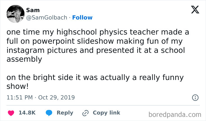 Tweet text describing a bad experience with infuriating teachers, where a teacher made a funny slideshow of a student's Instagram photos.