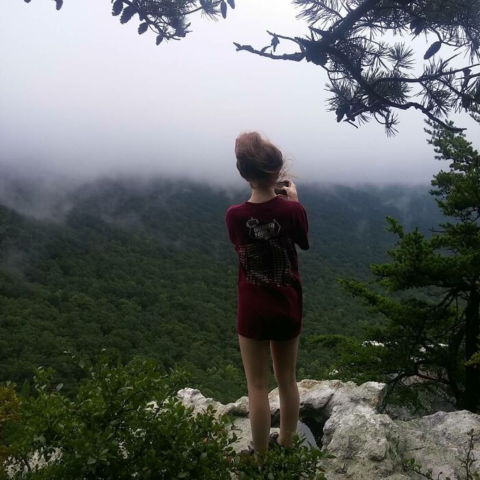 Woman standing on a cliff edge, facing misty forest, linked to terrifying backstories.