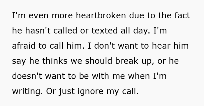 Text describing a woman's heartbroken feelings over lack of communication with her boyfriend.