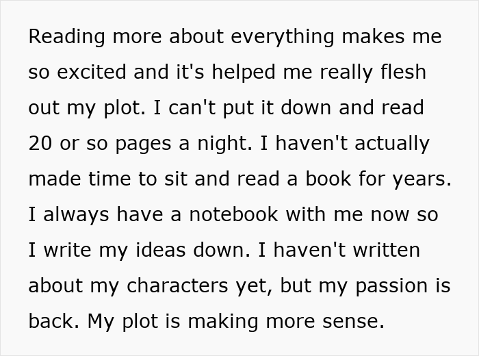 Text expressing excitement about novel planning and plot development.